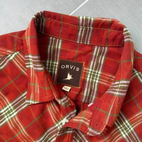 Orvis Heavyweight Orange Green Plaid Field Flannel Button Down Shirt Large - Picture 2 of 10